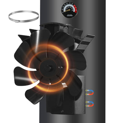 8 Blades Magnetic Stove Fan for Stove Pipe with Thermometer VODA SHOP