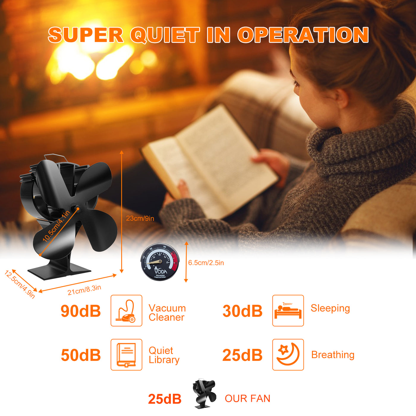 Efficient Air Flow wood Burning VODA Stove Fan with Magnetic Thermometer VODA SHOP