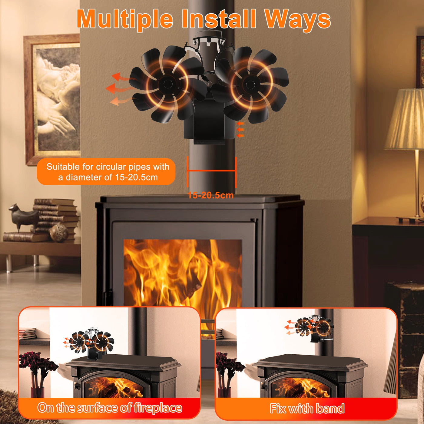 16 blades Magnetic Heat Powered 3-in-1 Fireplace Fan with Thermometer VODA SHOP
