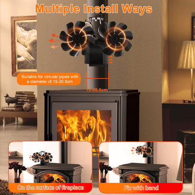 16 blades Magnetic Heat Powered 3-in-1 Fireplace Fan with Thermometer VODA SHOP