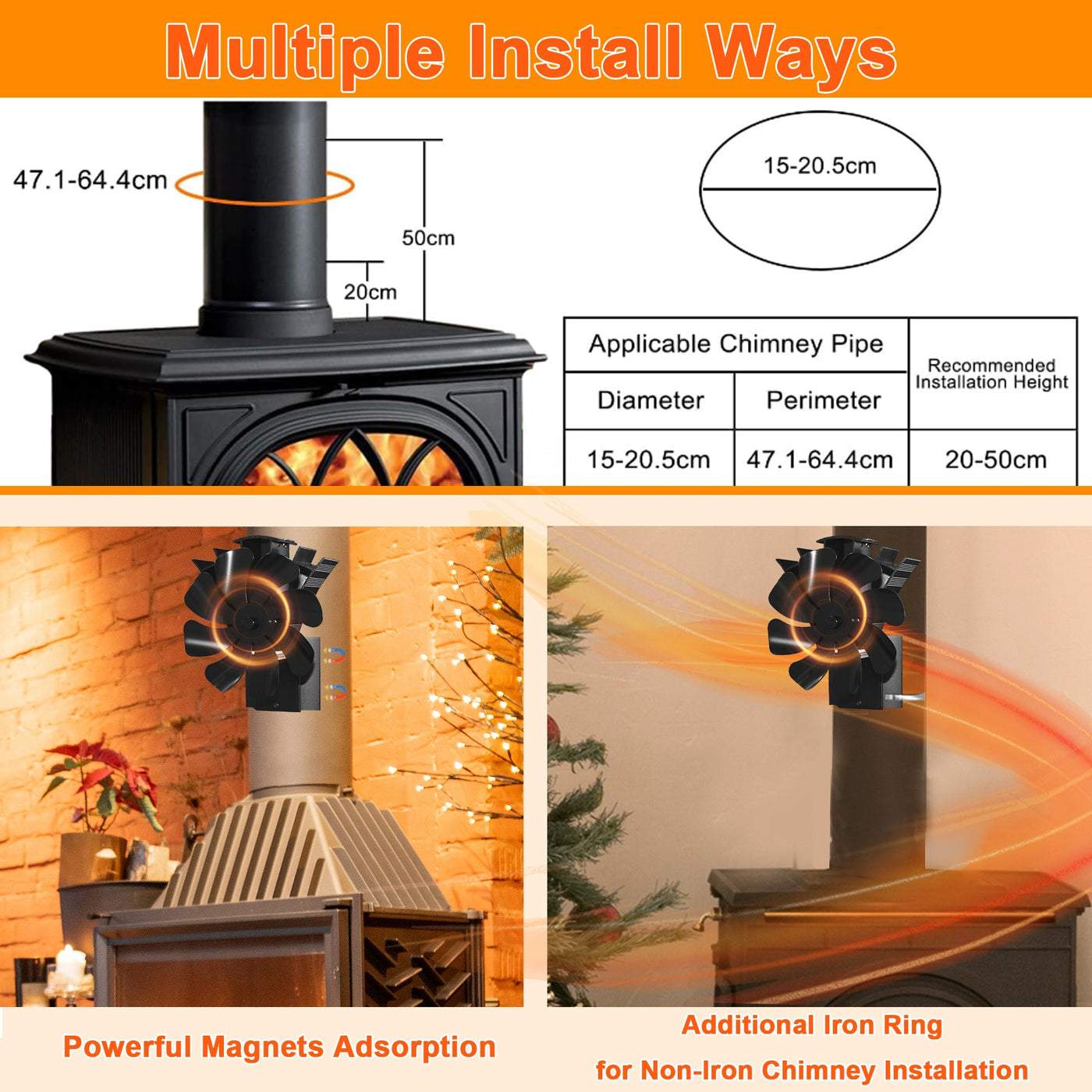 8 Blades Magnetic Stove Fan for Stove Pipe with Thermometer VODA SHOP
