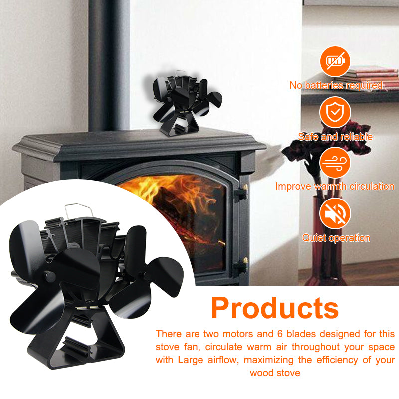 Wood Stove Fan Heat Powered, 6 Blades Dual Motors Wood Burning