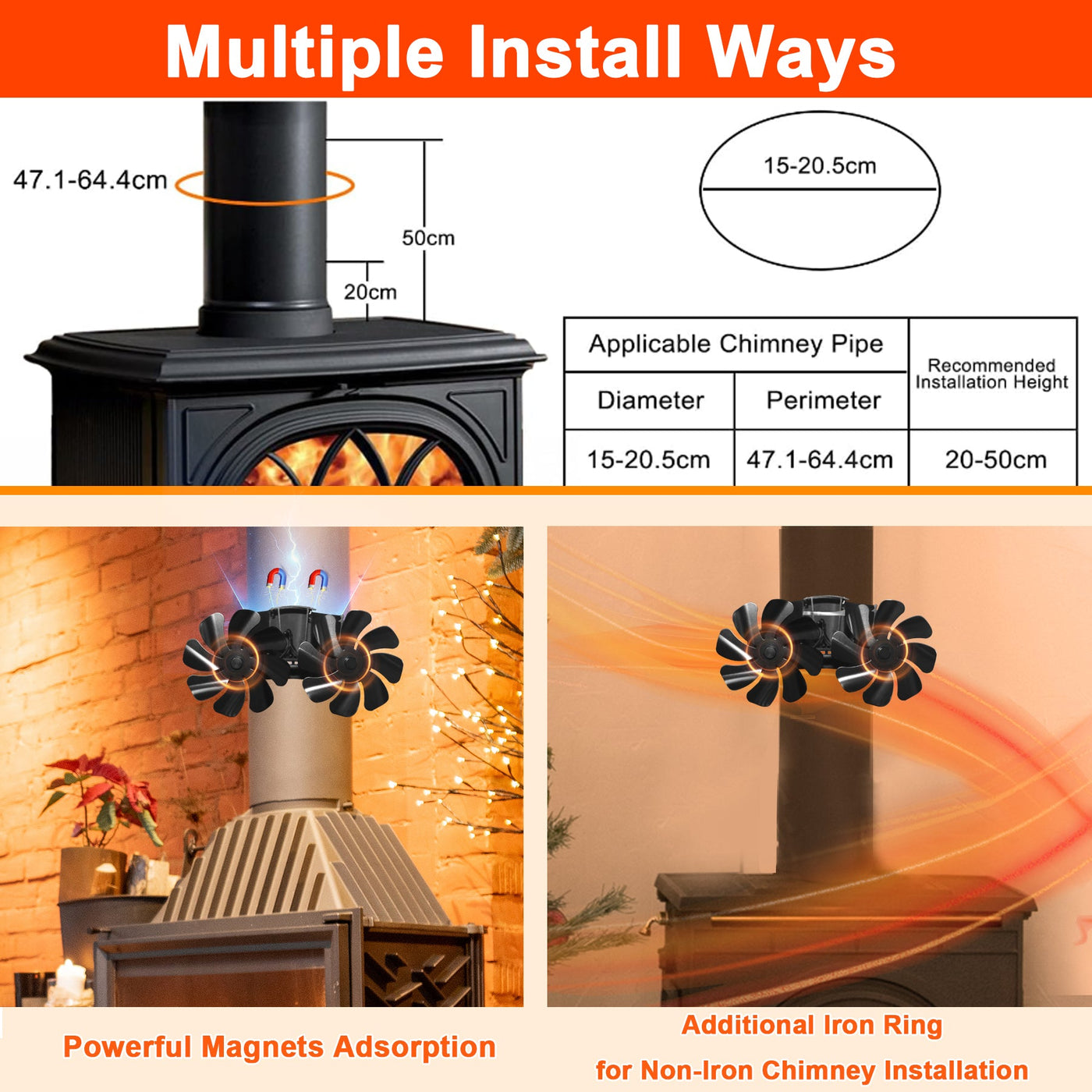 16 blades Magnetic Heat Powered Fireplace Fan with Thermometer VODA SHOP