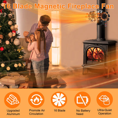 16 blades Magnetic Heat Powered 3-in-1 Fireplace Fan with Thermometer VODA SHOP