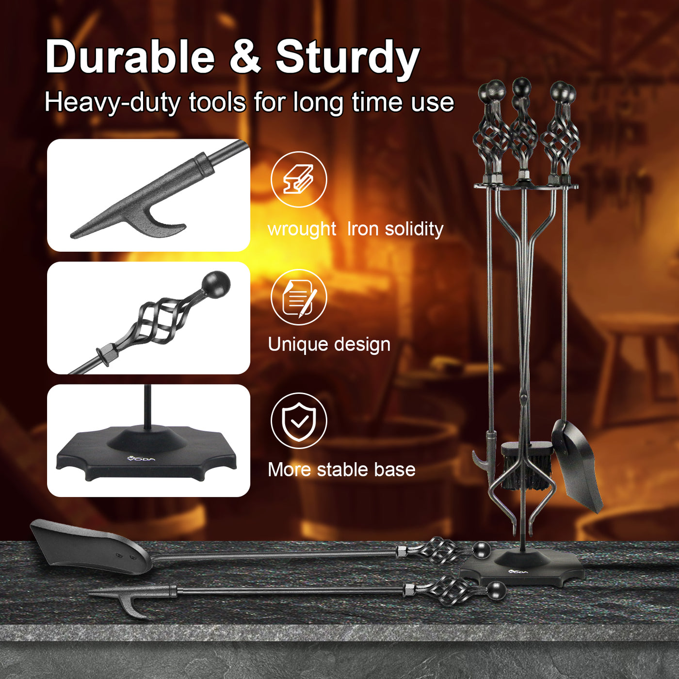 VODA 5-Piece Outdoor Holder Fireplace Accessories Large Fire Kit Fireplace Tools Set VODA SHOP