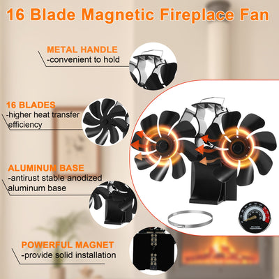 16 blades Magnetic Heat Powered 3-in-1 Fireplace Fan with Thermometer VODA SHOP
