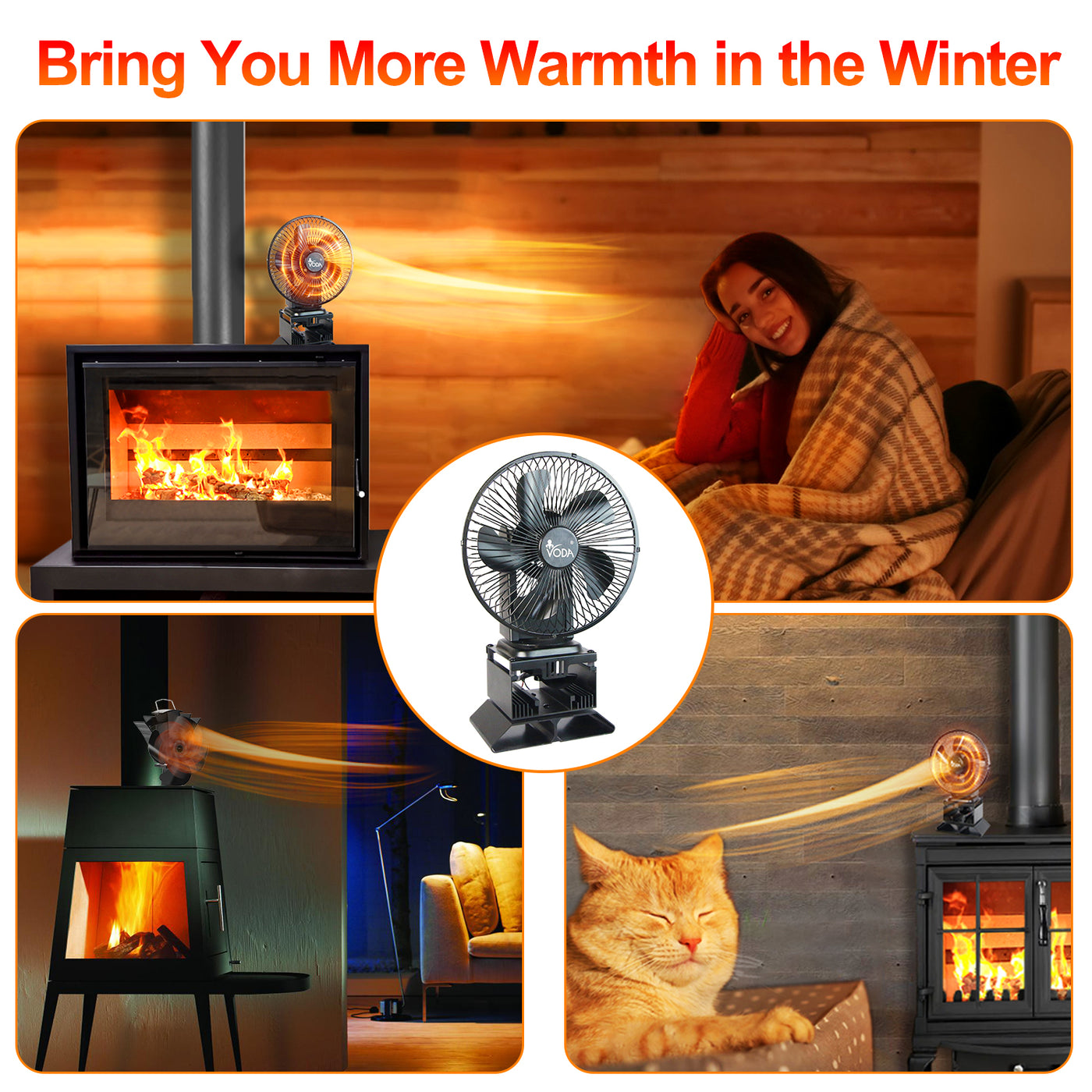 New Arrival Safety Heat Powered Oscillating Stove Fan with Shell Protection VDSF695RB VODA SHOP