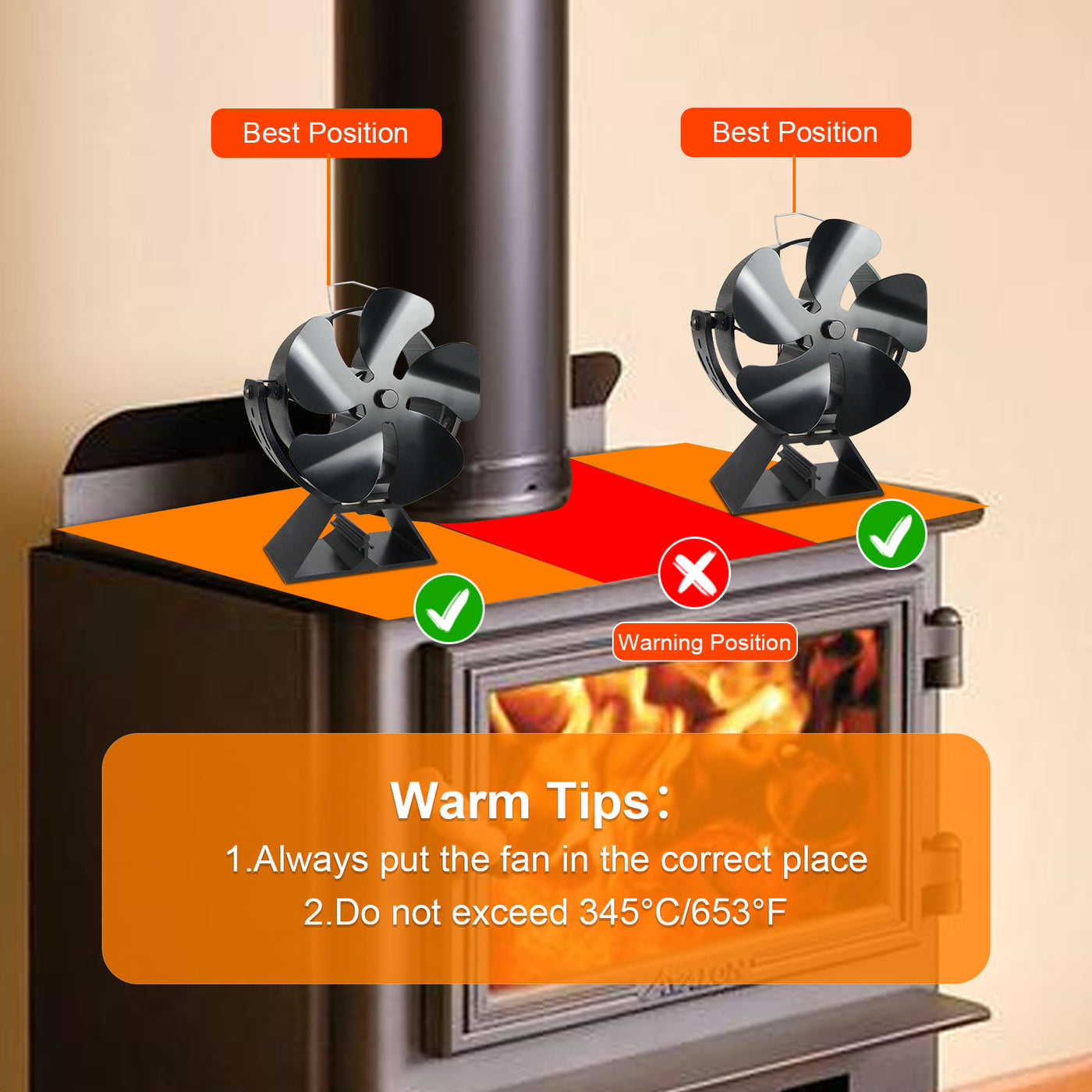 VODA Newly Designed 5 Blades Wood Stove Fan Heat Powered with 180°Adjustment Rotation VODA SHOP