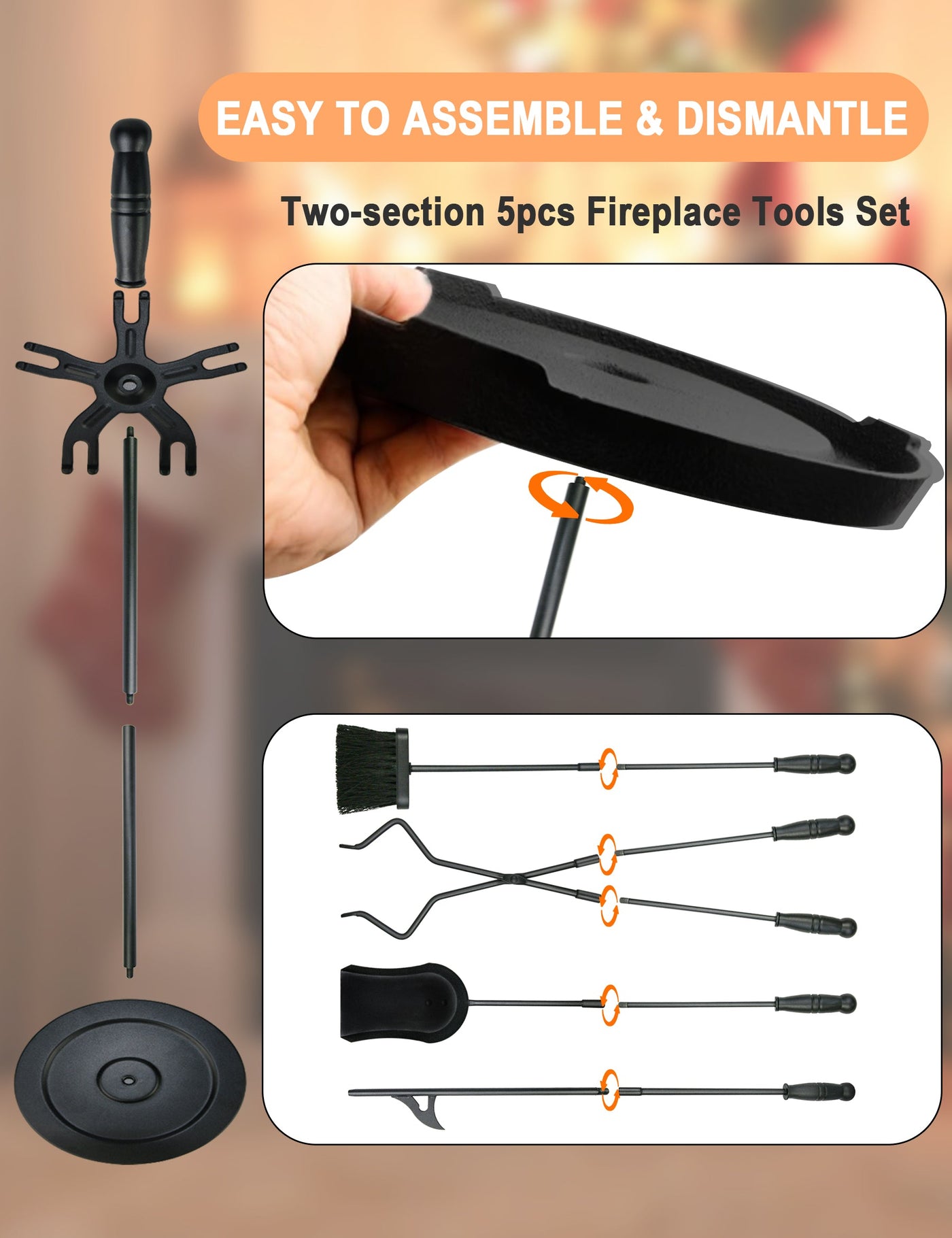 VODA new modern 5 pcs fireplace tools set with 2-in-1 poker function for indoor outdoor using VODA SHOP