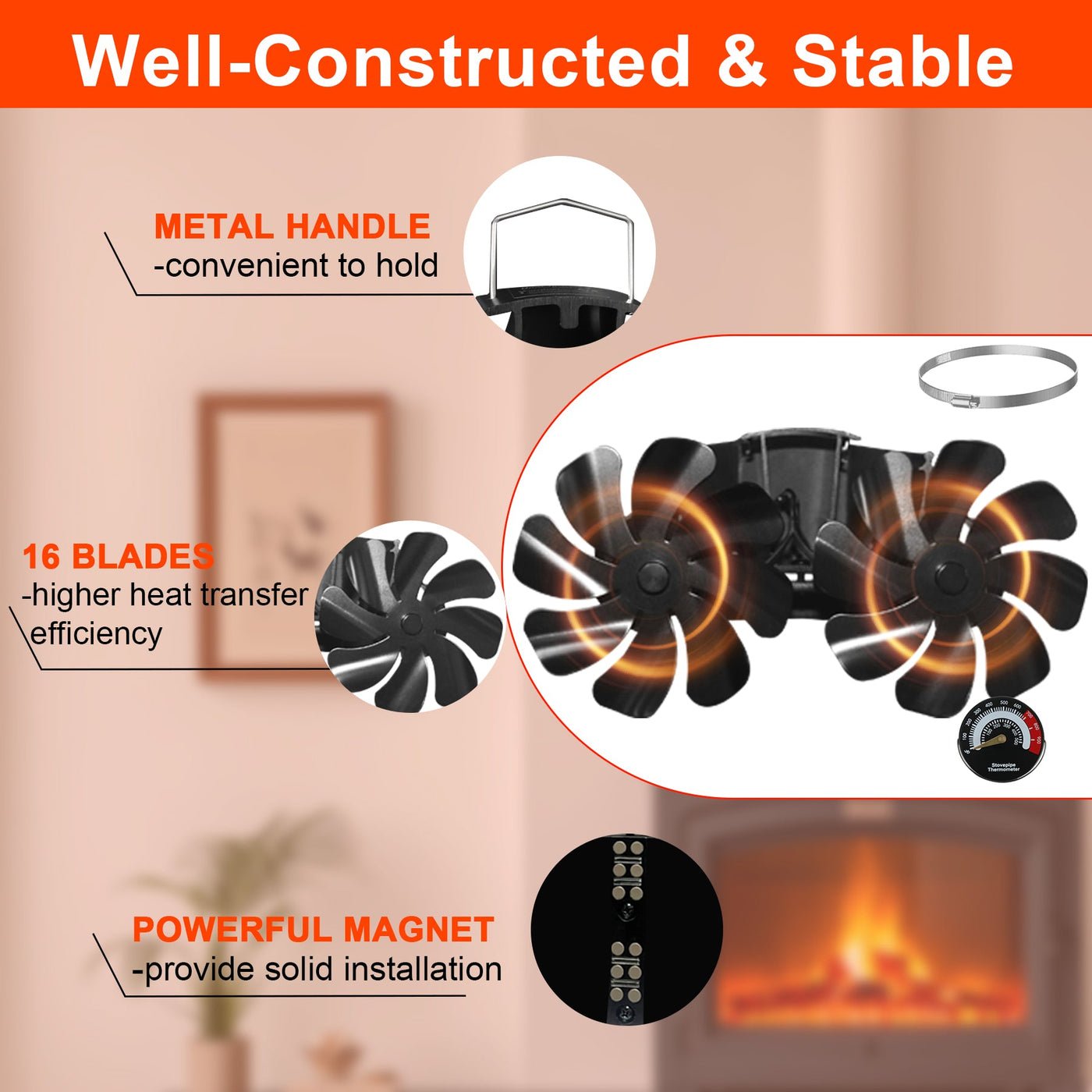 16 blades Magnetic Heat Powered Fireplace Fan with Thermometer VODA SHOP