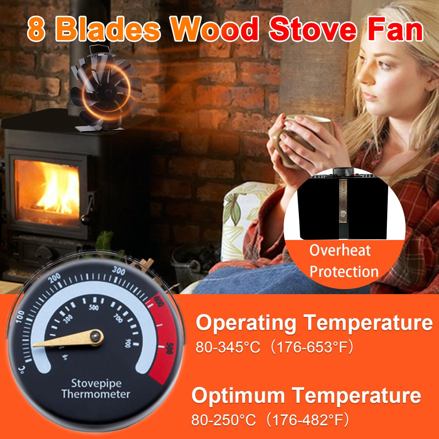 VODA 8 Blades Heat Activated Thermal Fan with Stove Thermometer for Wood Burning Stove/Pallet/Log Burner VODA SHOP