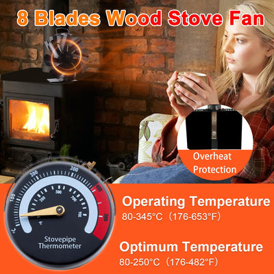 VODA 8 Blades Heat Activated Thermal Fan with Stove Thermometer for Wood Burning Stove/Pallet/Log Burner VODA SHOP