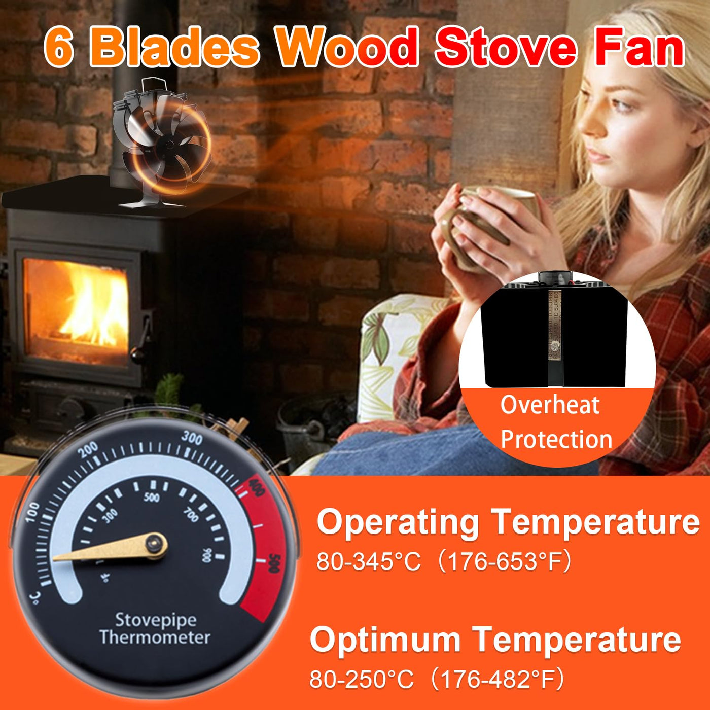 VODA 6 Blades Wood Stove Fan Heat Powered Fireplace Fans with Thermometer VODA SHOP