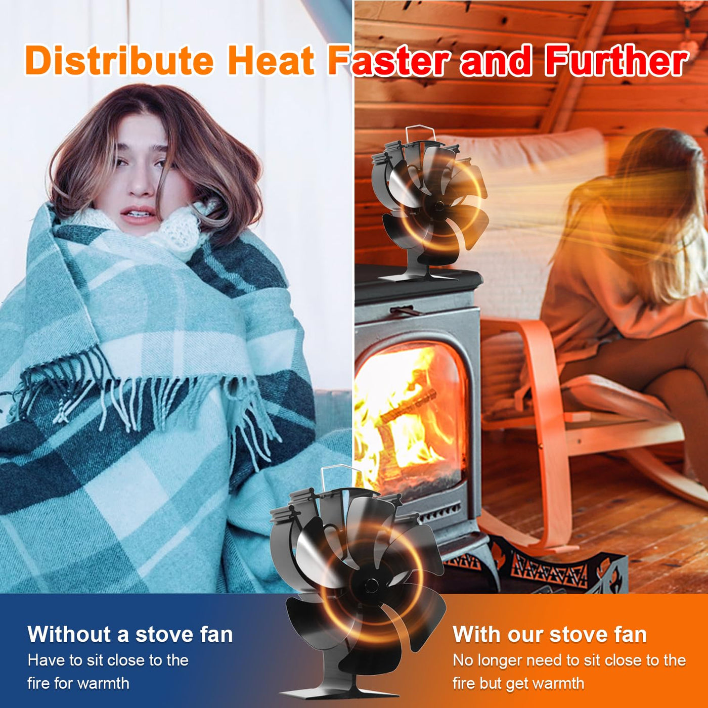 VODA 6 Blades Wood Stove Fan Heat Powered Fireplace Fans with Thermometer VODA SHOP
