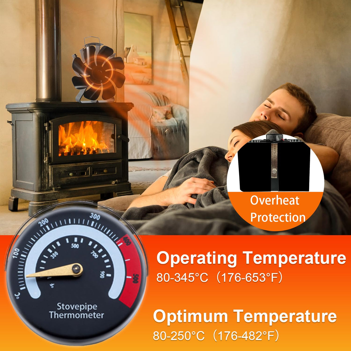 Heat Powered 8-Blade Stove Fan wtih Stove Thermometer & Aroma Pod for Wood Burning Stove/Pellet/Log Burner VODA SHOP