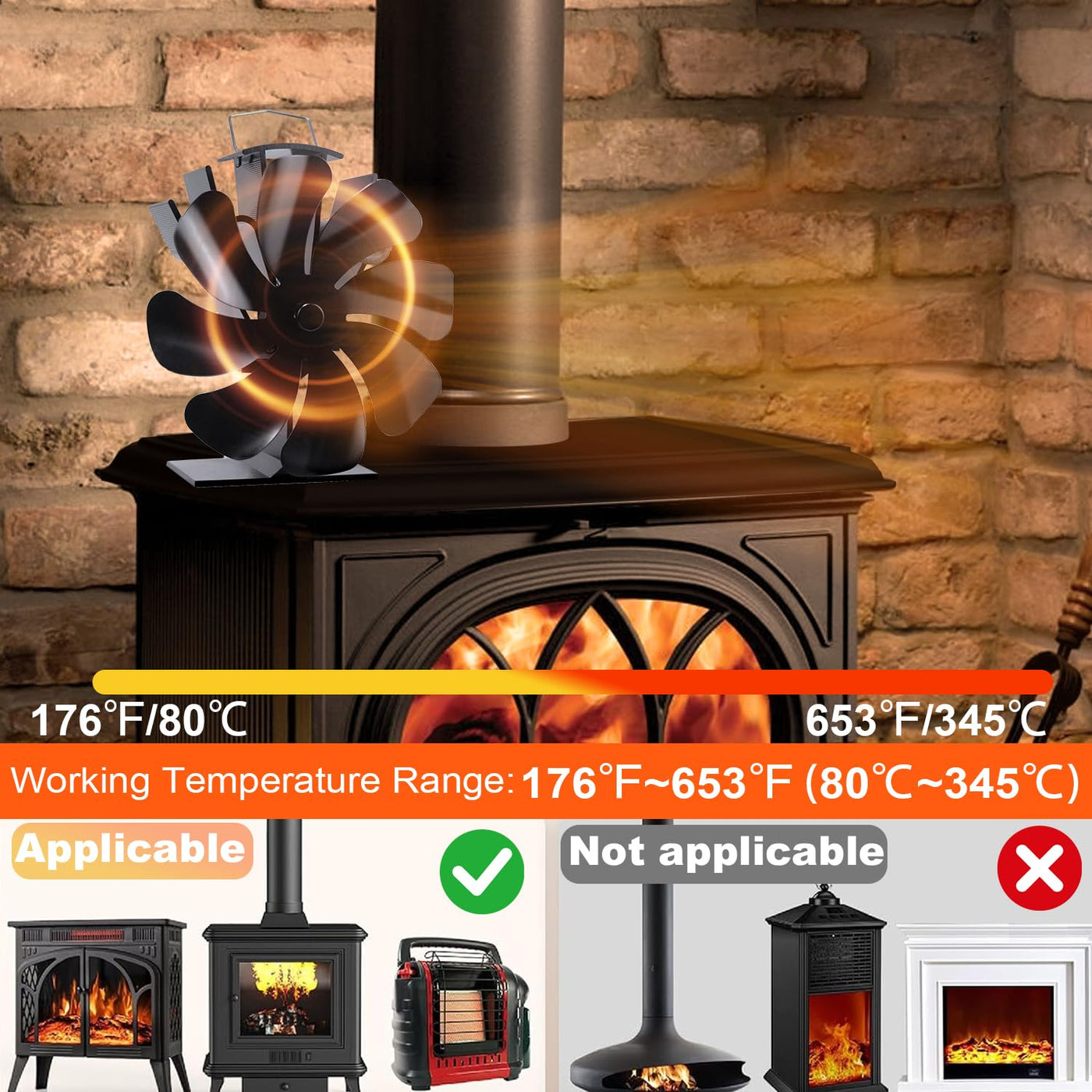 VODA 8 Blades Heat Activated Thermal Fan with Stove Thermometer for Wood Burning Stove/Pallet/Log Burner VODA SHOP