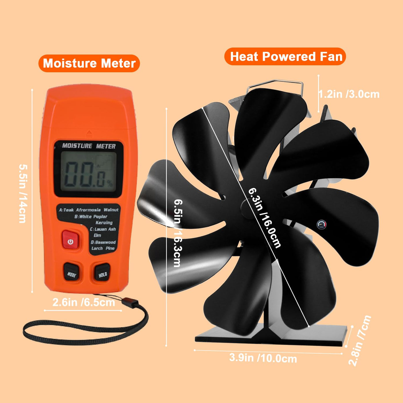 Mini Wood Stove Fan Heat Powered Stove Fan with Moisture Meter VODA SHOP
