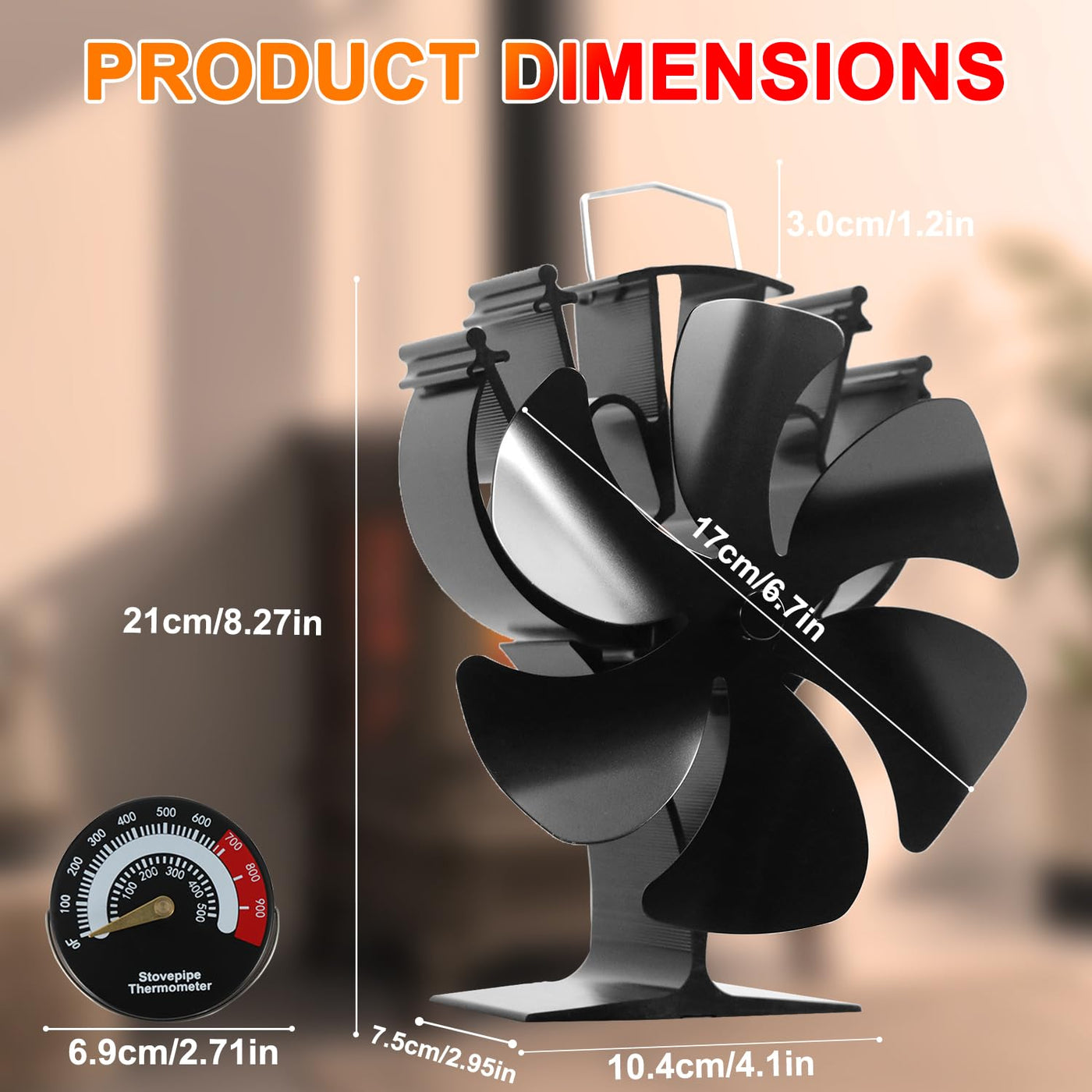 VODA 6 Blades Wood Stove Fan Heat Powered Fireplace Fans with Thermometer VODA SHOP