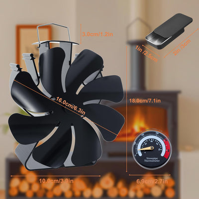 Heat Powered 8-Blade Stove Fan wtih Stove Thermometer & Aroma Pod for Wood Burning Stove/Pellet/Log Burner VODA SHOP